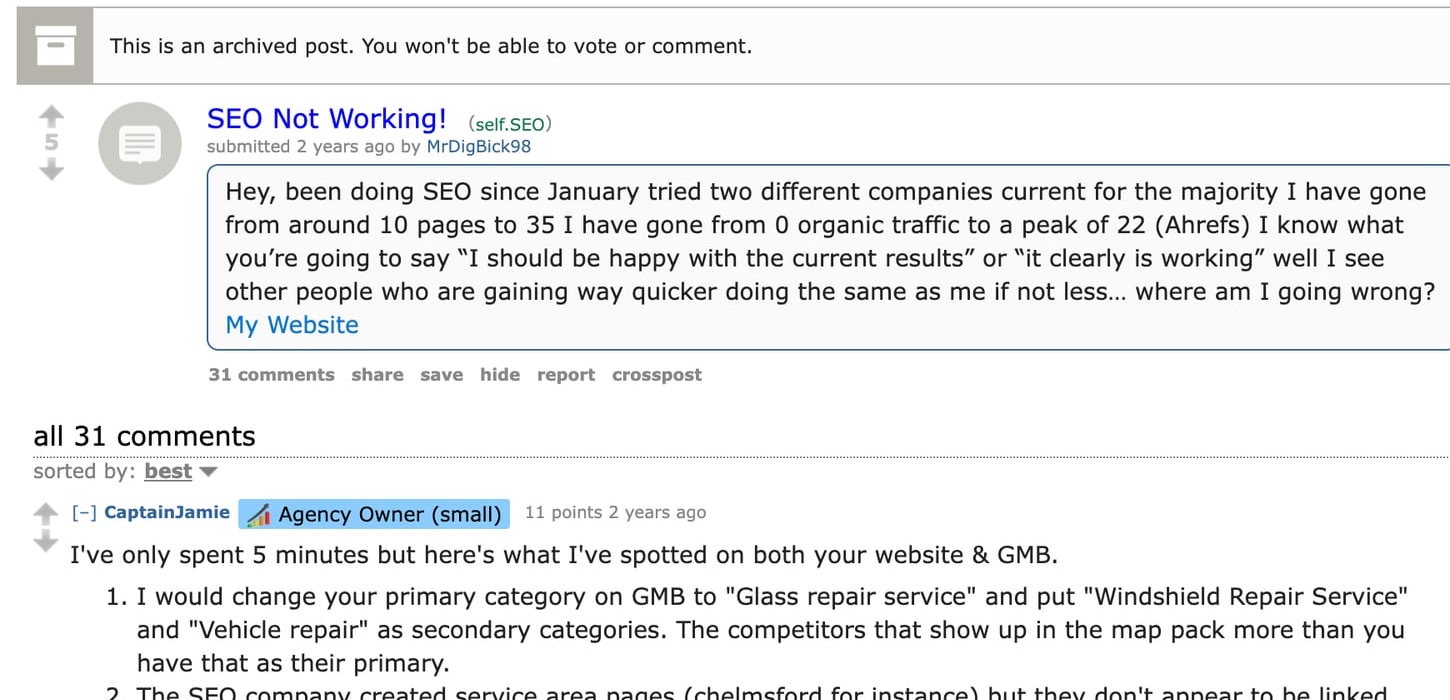 Reddit SEO thread showing a site owner asking why months of SEO work produced little organic traffic