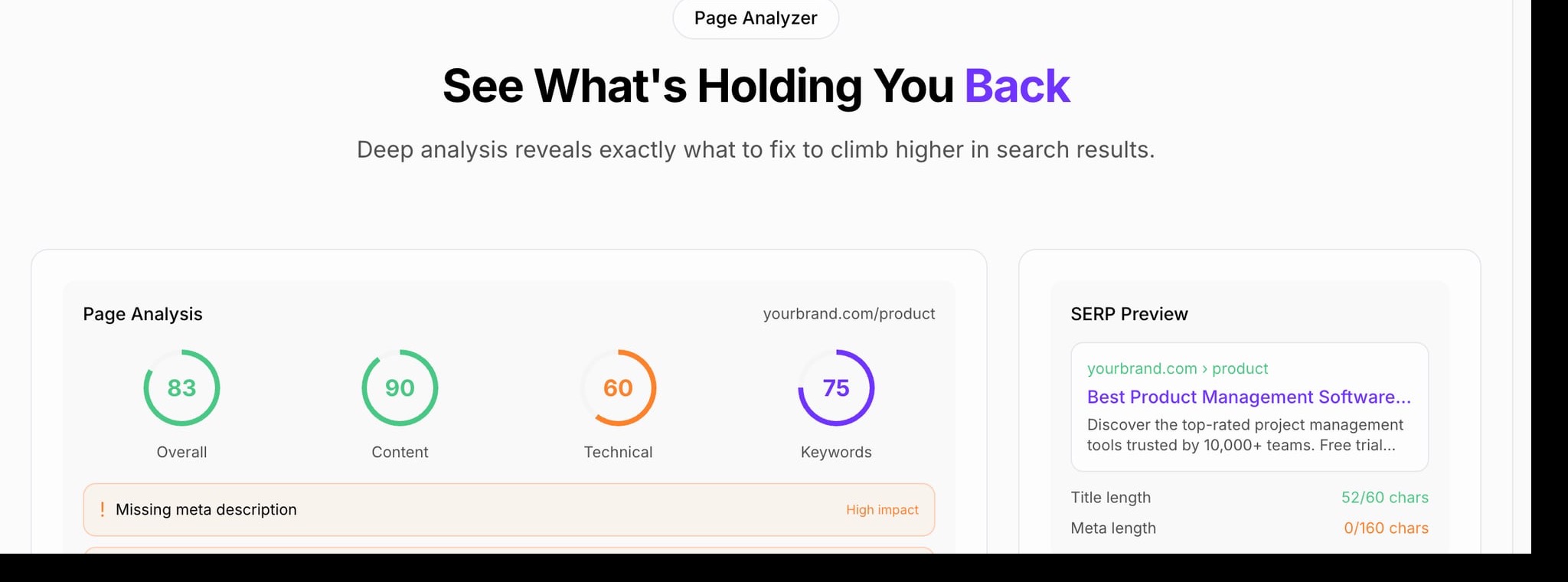 Junia SEO Improver page analysis screenshot showing SEO scores, technical issues, keyword checks, and SERP preview