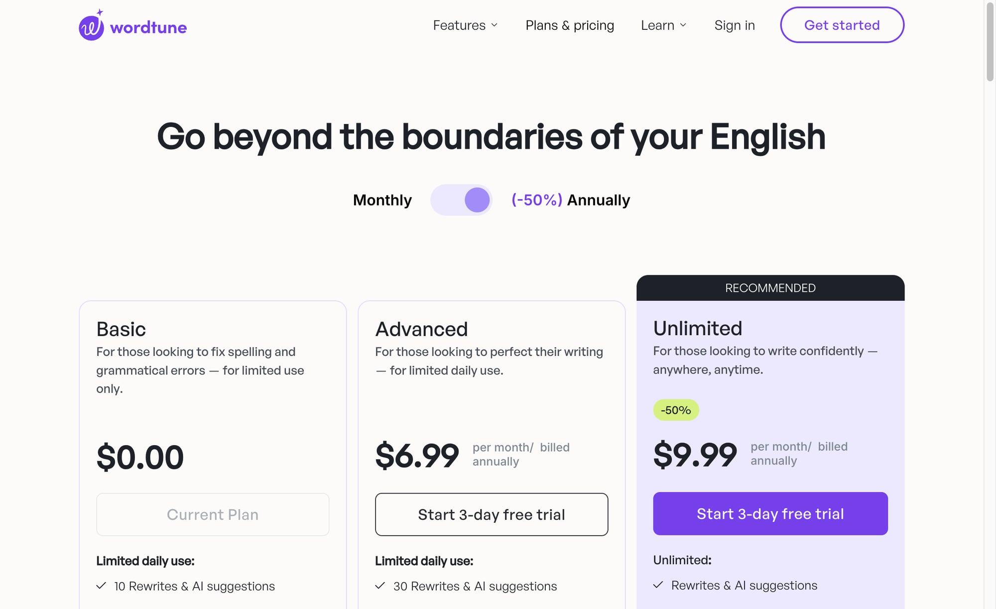 Wordtune pricing page showing Basic, Advanced, and Unlimited plan limits for rewrite suggestions