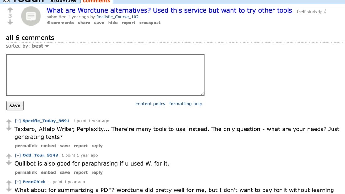 Reddit discussion where users compare Wordtune alternatives for paraphrasing, summarizing, and text generation