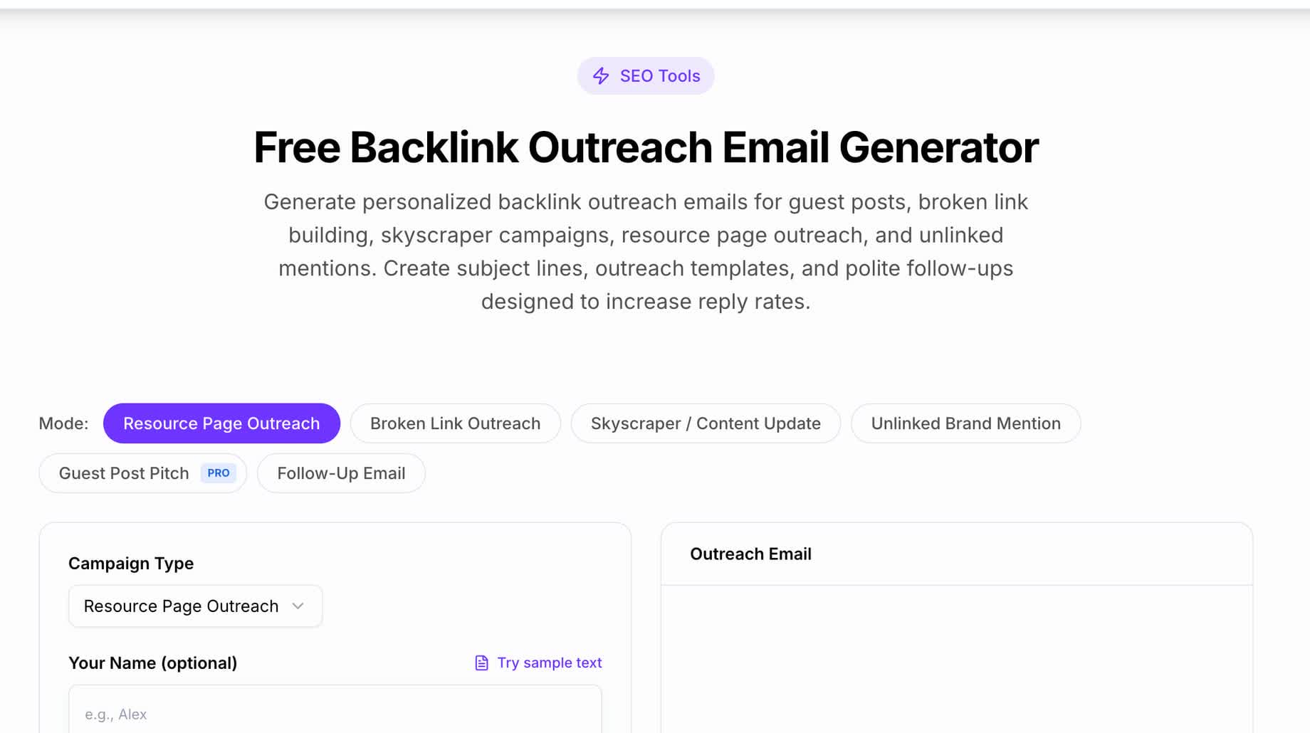 Junia backlink outreach email generator interface for resource page outreach and guest post pitches