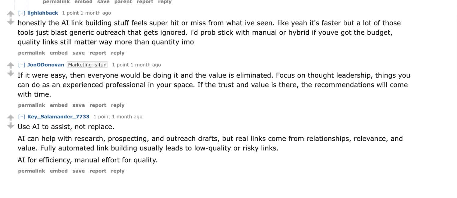 Screenshot of an online discussion about using AI for link building outreach without replacing human judgment