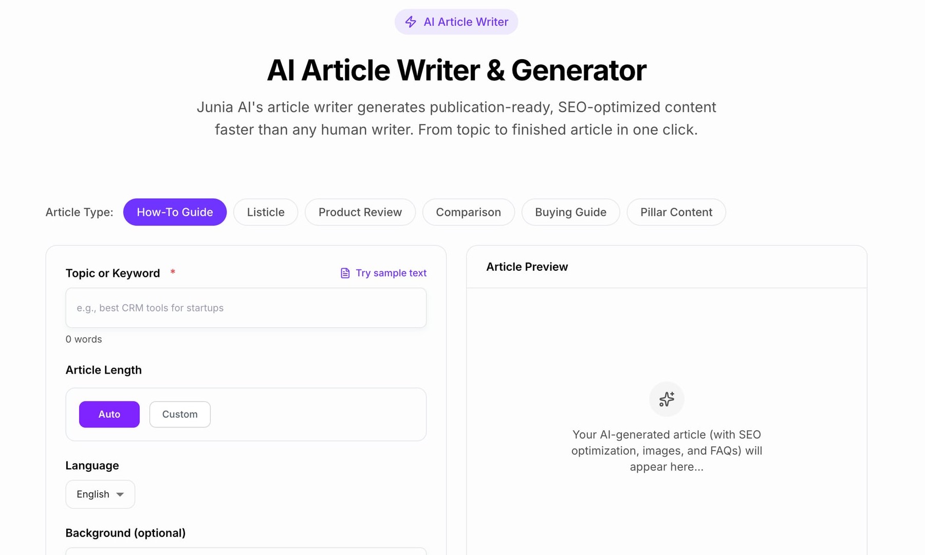 Junia AI article writer interface for SEO content generation workflows