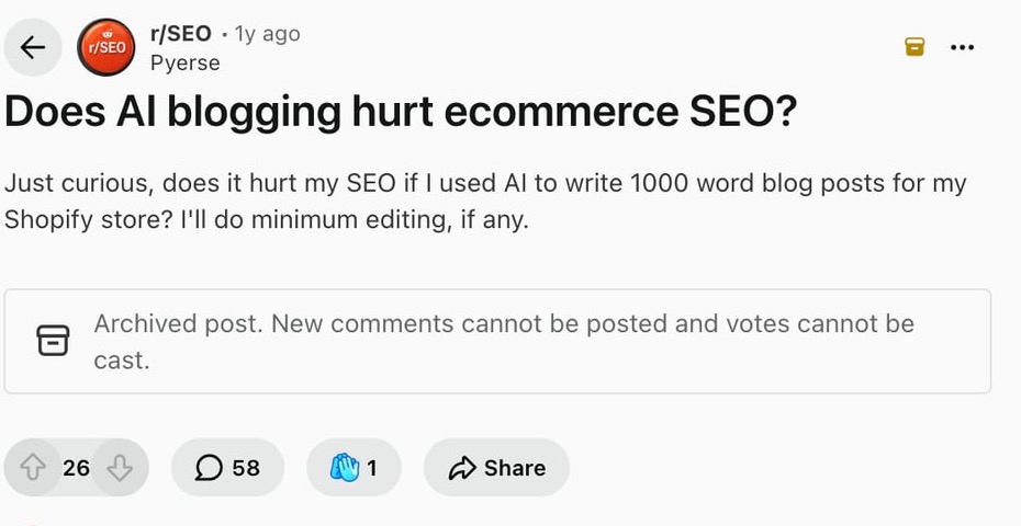 Screenshot of a Reddit user asking whether AI blogging can hurt ecommerce SEO