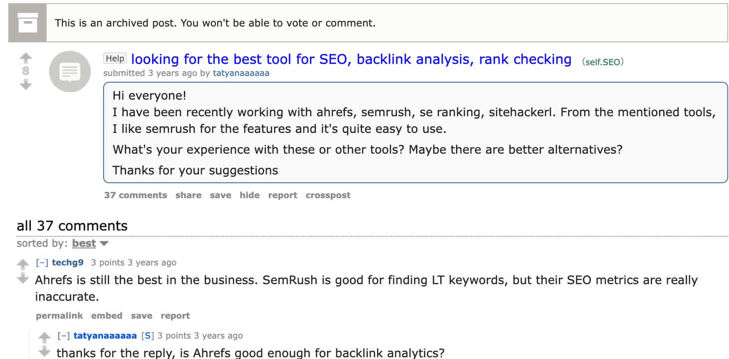 SEO discussion comparing backlink analysis tools like Ahrefs, Semrush, and SE Ranking