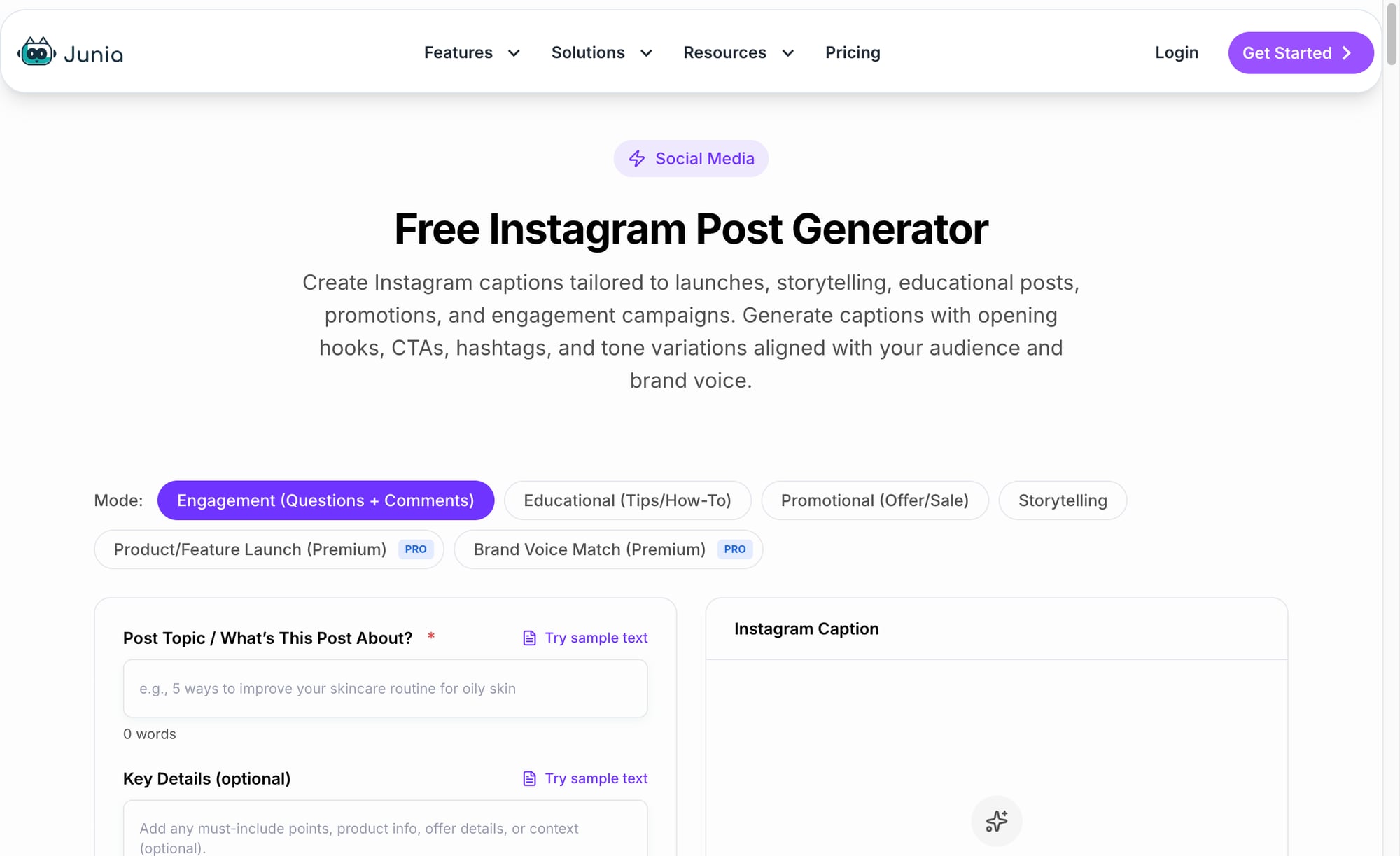 Junia AI Instagram post generator with caption style controls and output panel