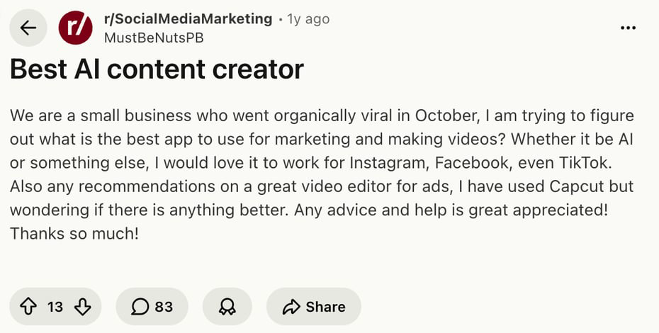 A public discussion about choosing AI tools for social media videos and marketing