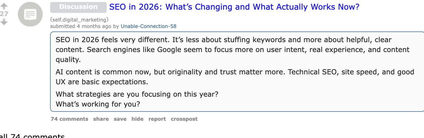 Discussion about SEO in 2026 shifting toward intent, experience, originality, technical SEO, and content quality