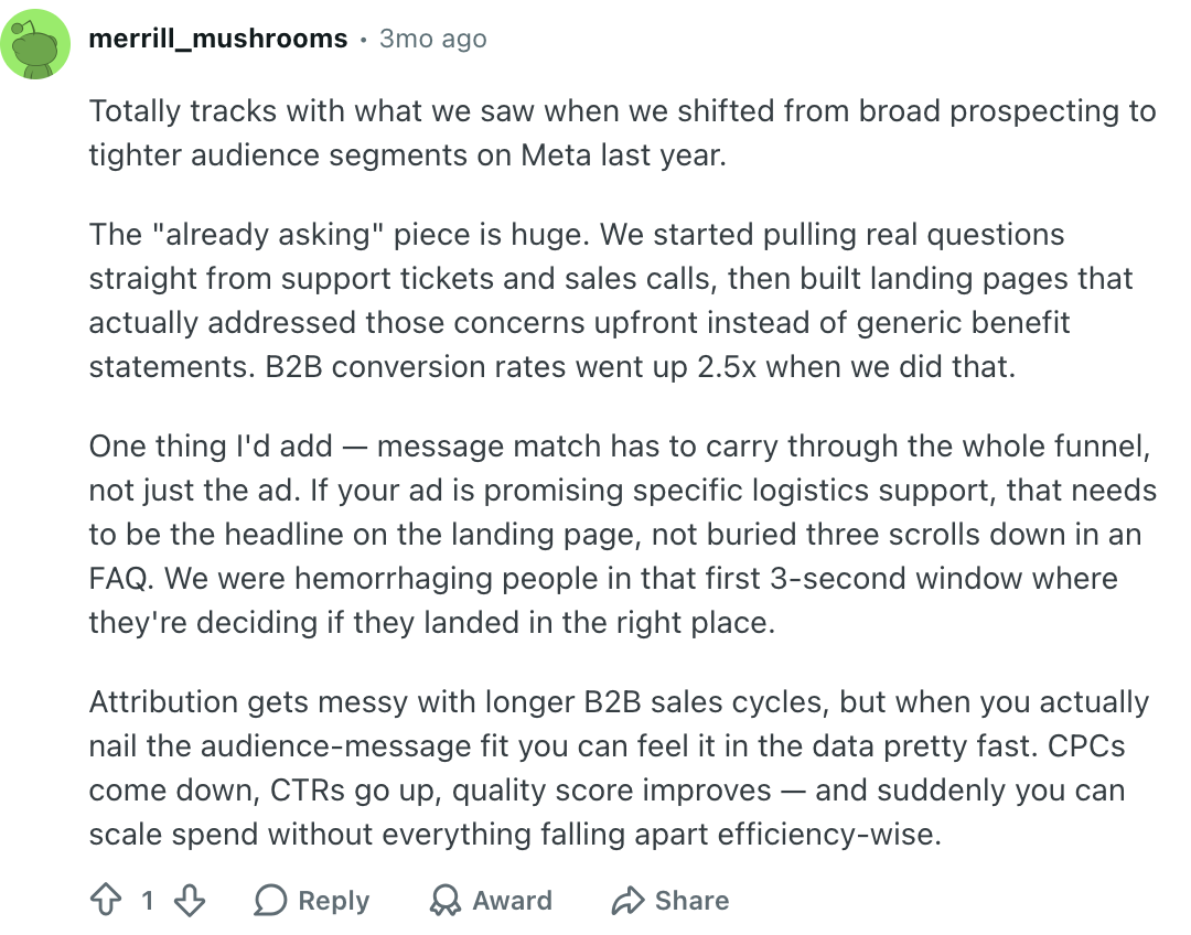 Public discussion about improving B2B landing page conversions by using real customer questions and tighter message match