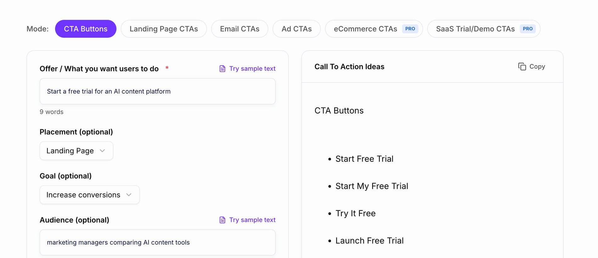 Junia call-to-action generator showing AI-generated CTA button options for a free trial landing page