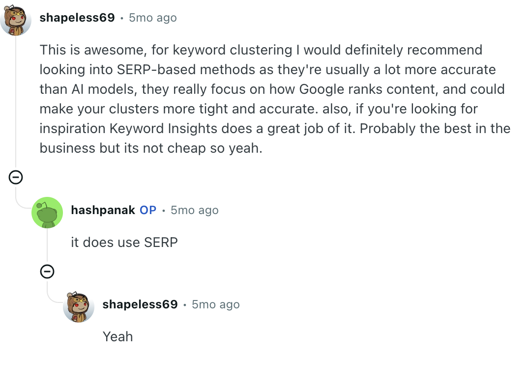 A public SEO workflow discussion recommending SERP-based validation before AI keyword clustering.