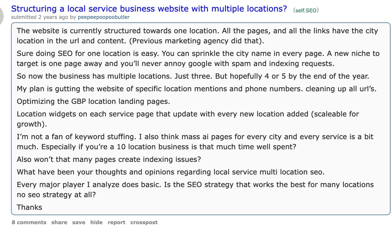 Public local SEO discussion about scaling from one location page to multiple branch pages without keyword stuffing