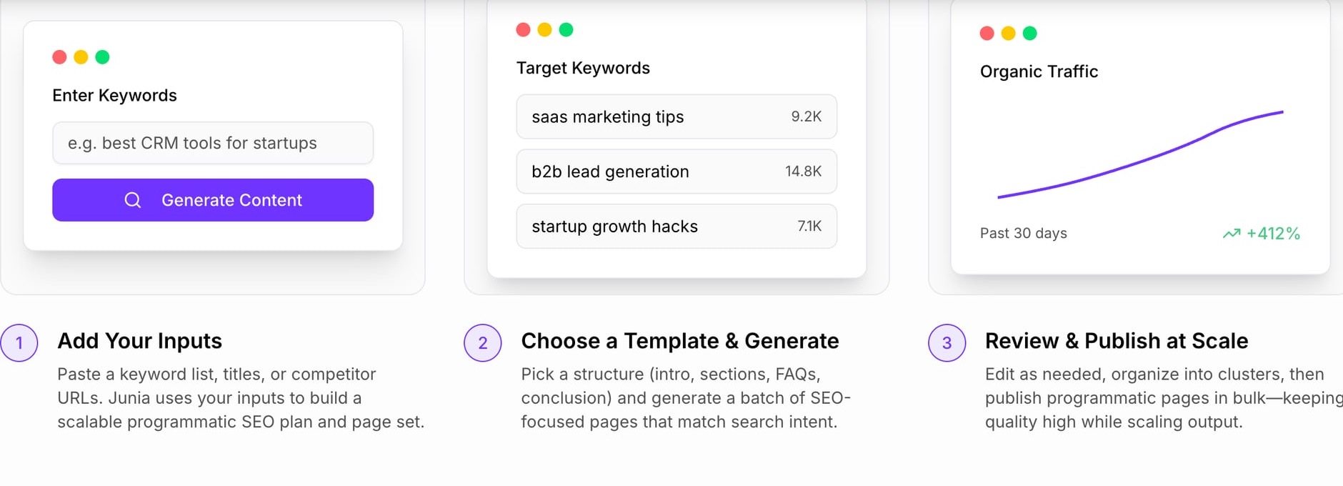 Junia programmatic SEO workflow for turning keyword inputs into reviewed page sets for scalable location page creation