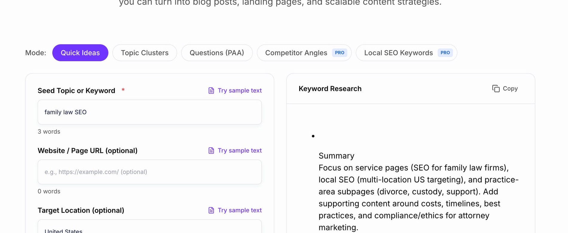 Junia keyword research output grouping family law SEO terms by service pages, local SEO, and practice-area subpages