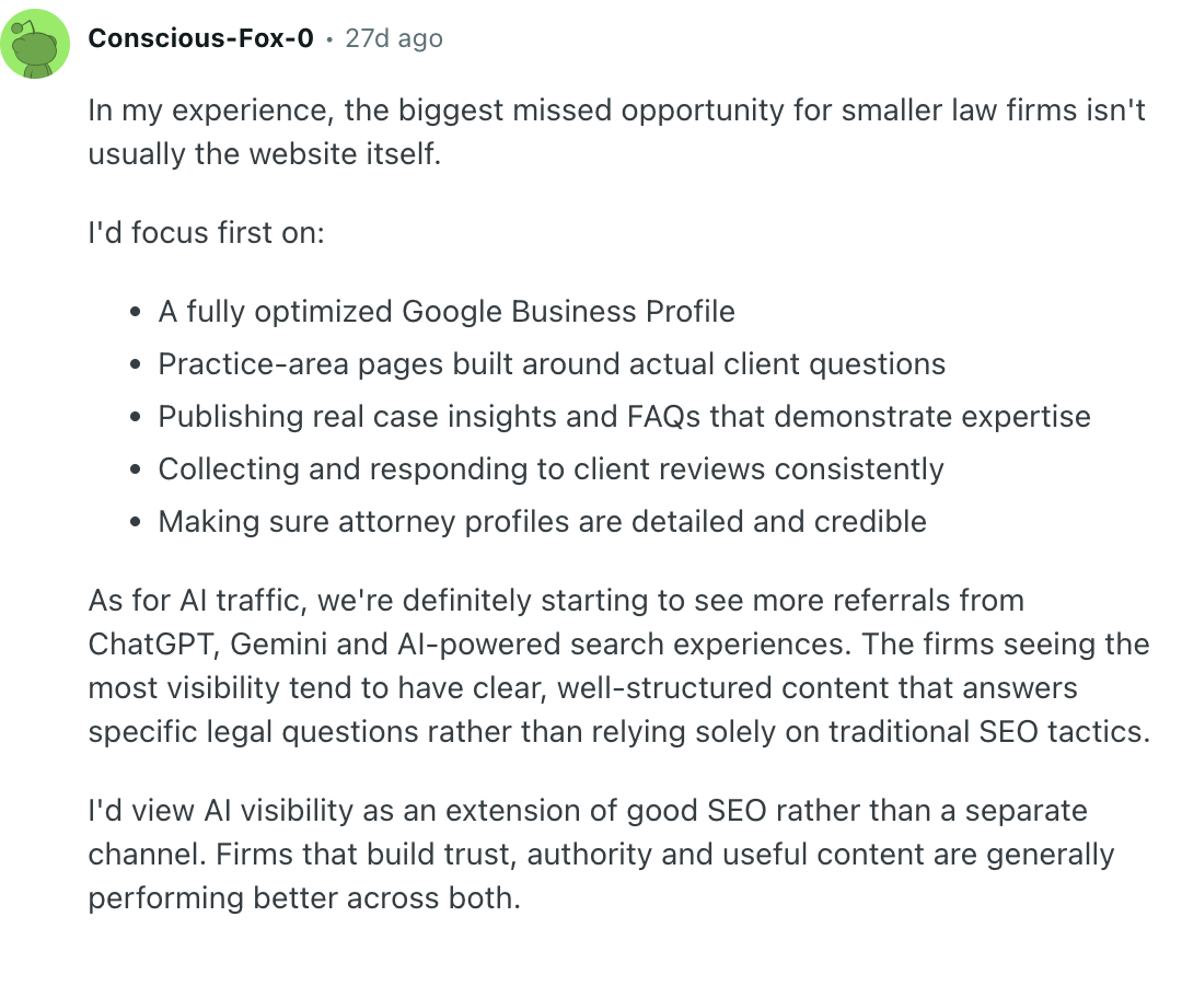 Small law firm discussion about Google Business Profile, practice-area pages, client questions, reviews, and AI search visibility