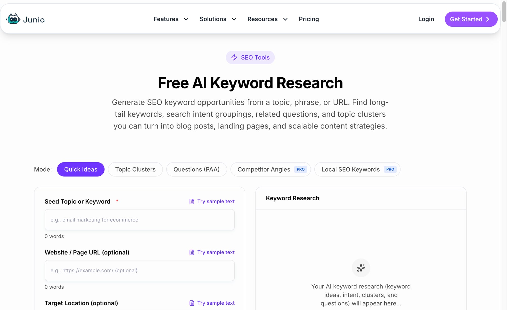 Junia AI Keyword Research interface for turning predictive SEO seed topics into keyword clusters