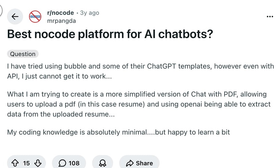 No-code chatbot buyer asking about API setup, PDF uploads, and minimal coding knowledge