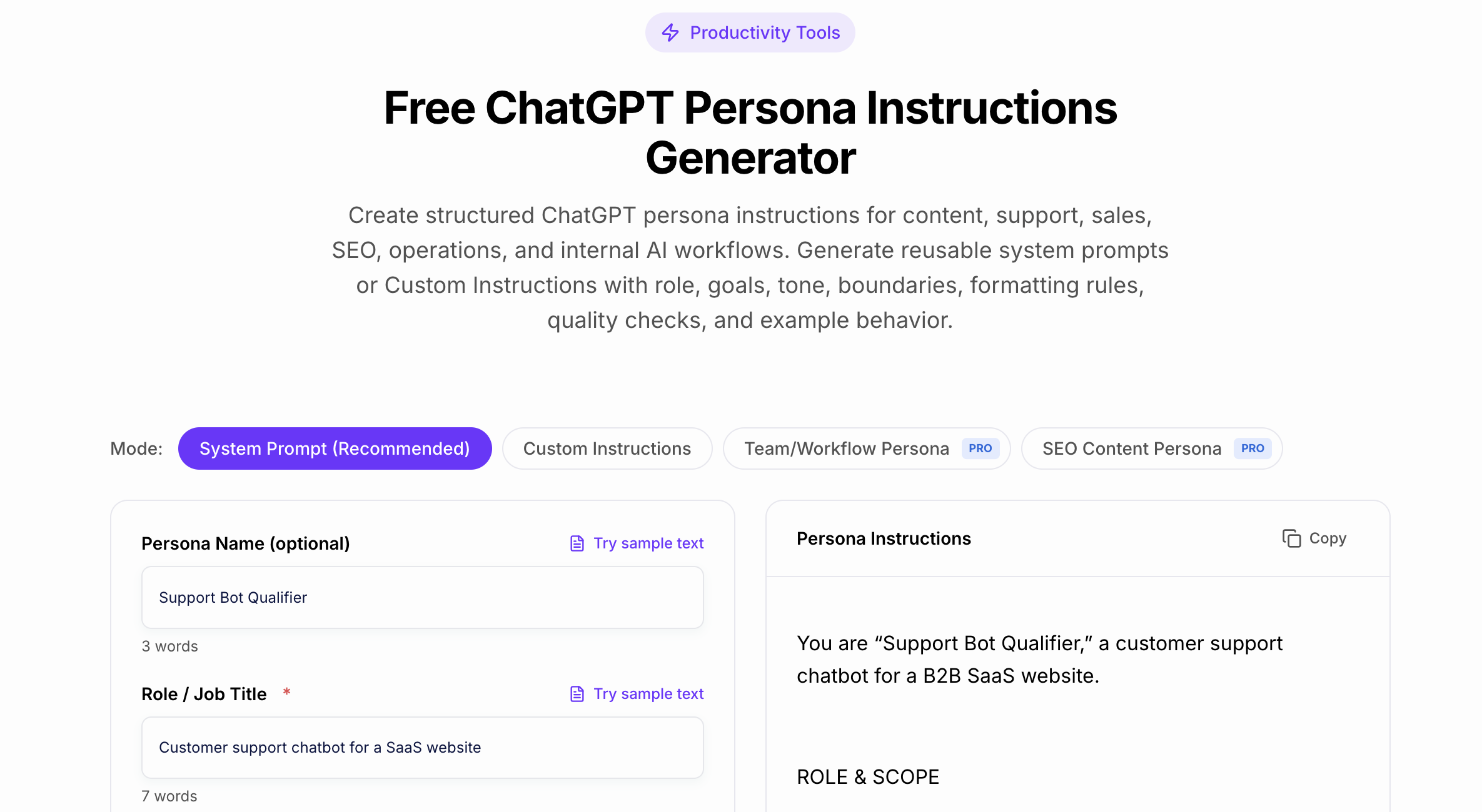 Junia persona instructions generator creating a support chatbot role and system prompt