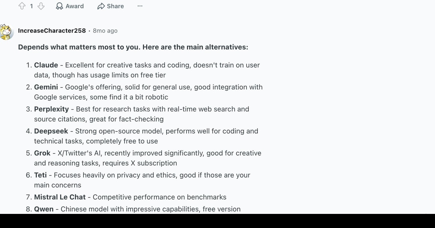 User discussion comparing ChatGPT alternatives by creative work, coding, research, integrations, open models, privacy, and Microsoft Copilot