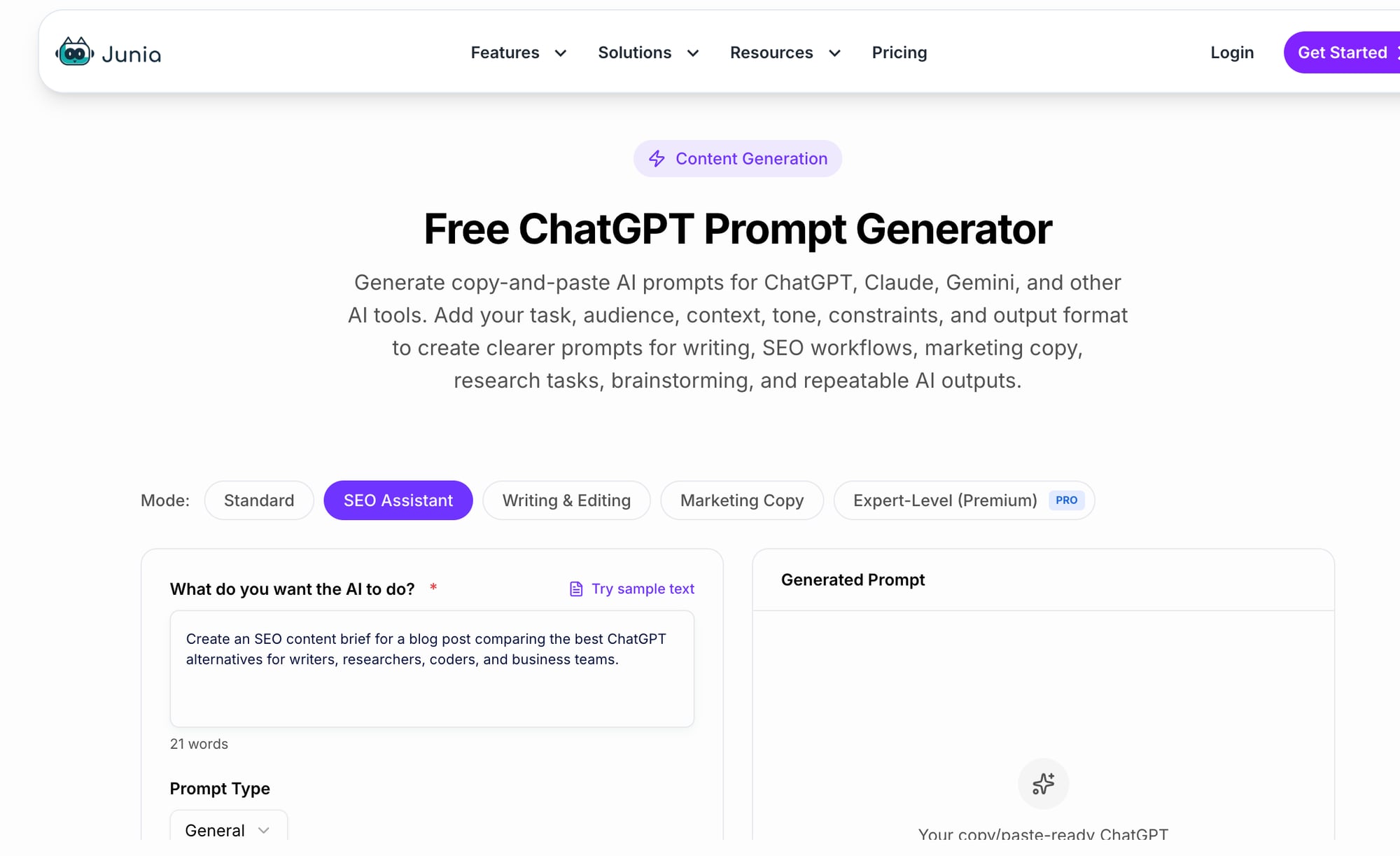 Junia AI SEO Assistant prompt generator configured for a ChatGPT alternatives content brief