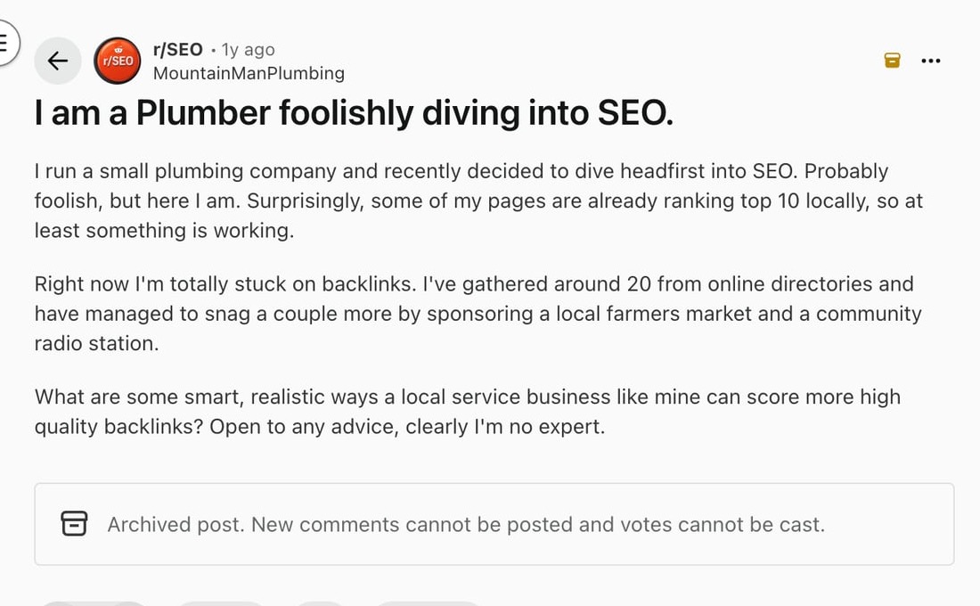 Plumbing business owner discussing local SEO rankings and backlink challenges for service pages