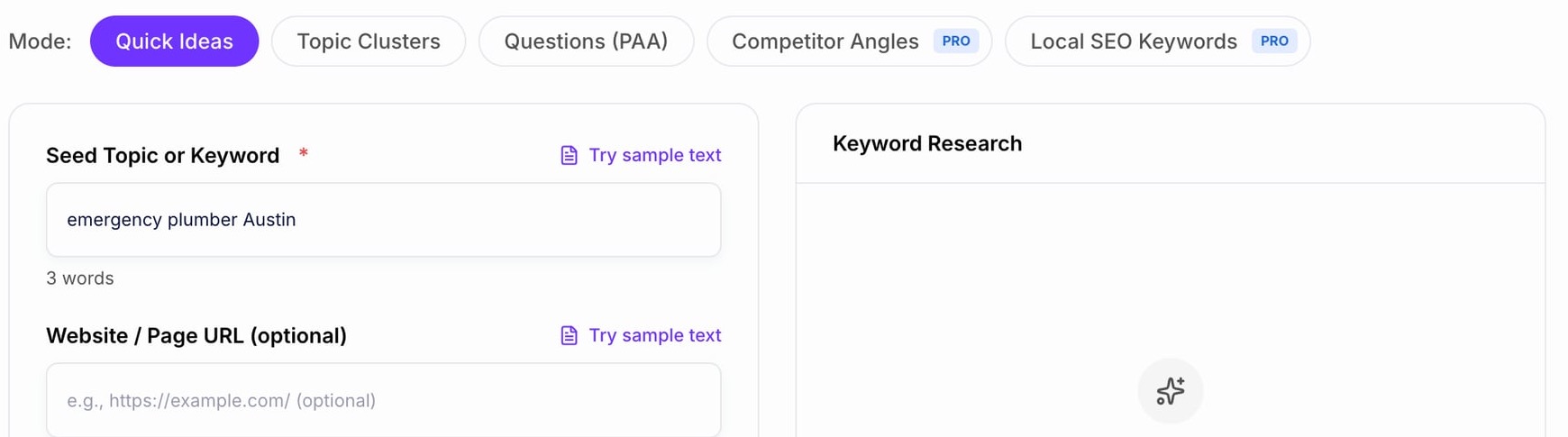 Junia AI keyword research interface using emergency plumber Austin as a seed topic