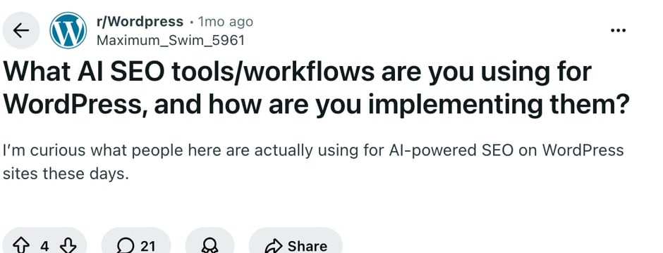 WordPress site owner asking which AI SEO tools and workflows people use for WordPress