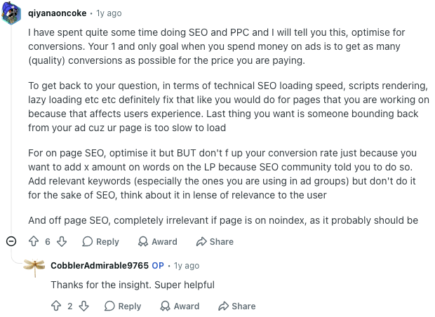 A landing page SEO discussion weighing conversion focus, page speed, relevance, and noindex decisions.