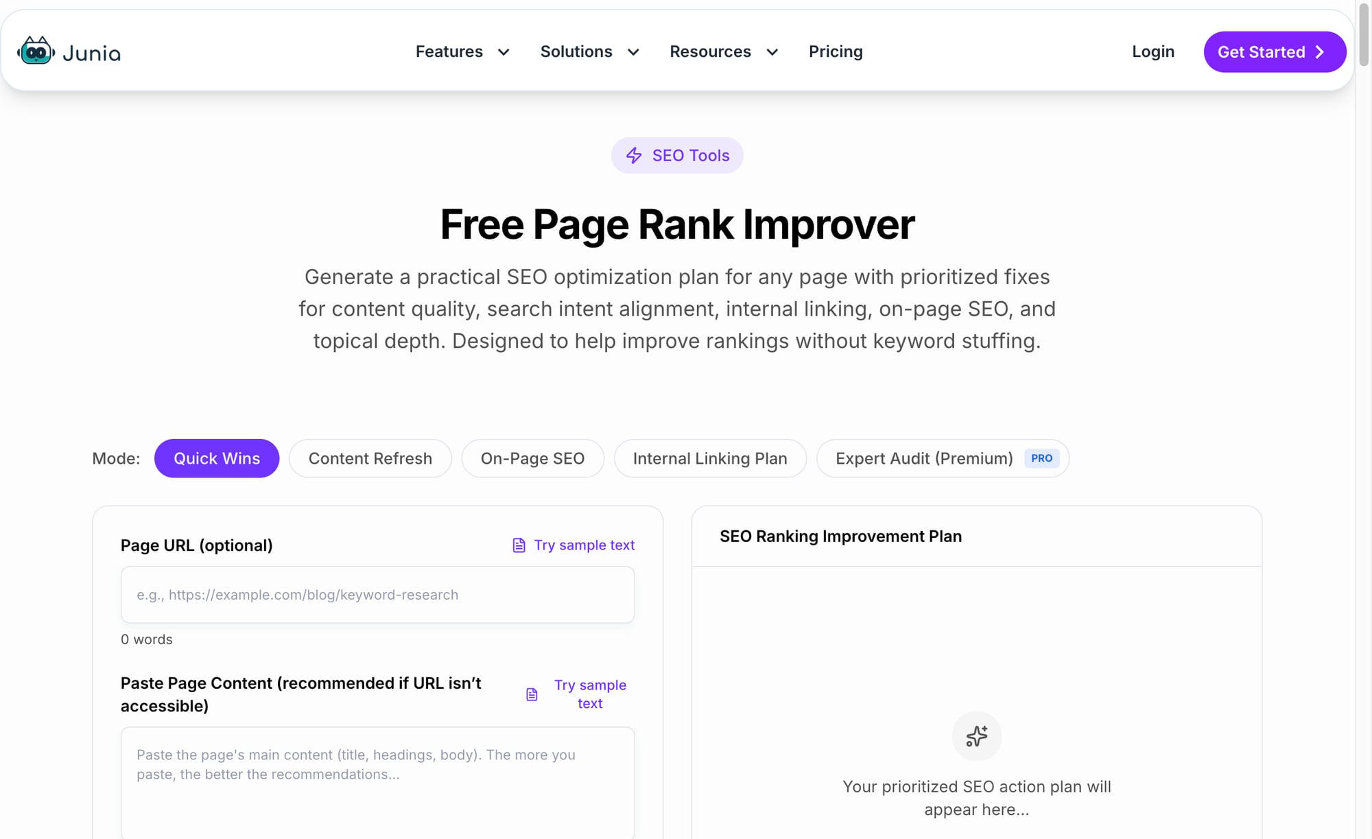 Junia Page Rank Improver showing landing page SEO audit inputs and a prioritized improvement plan panel.