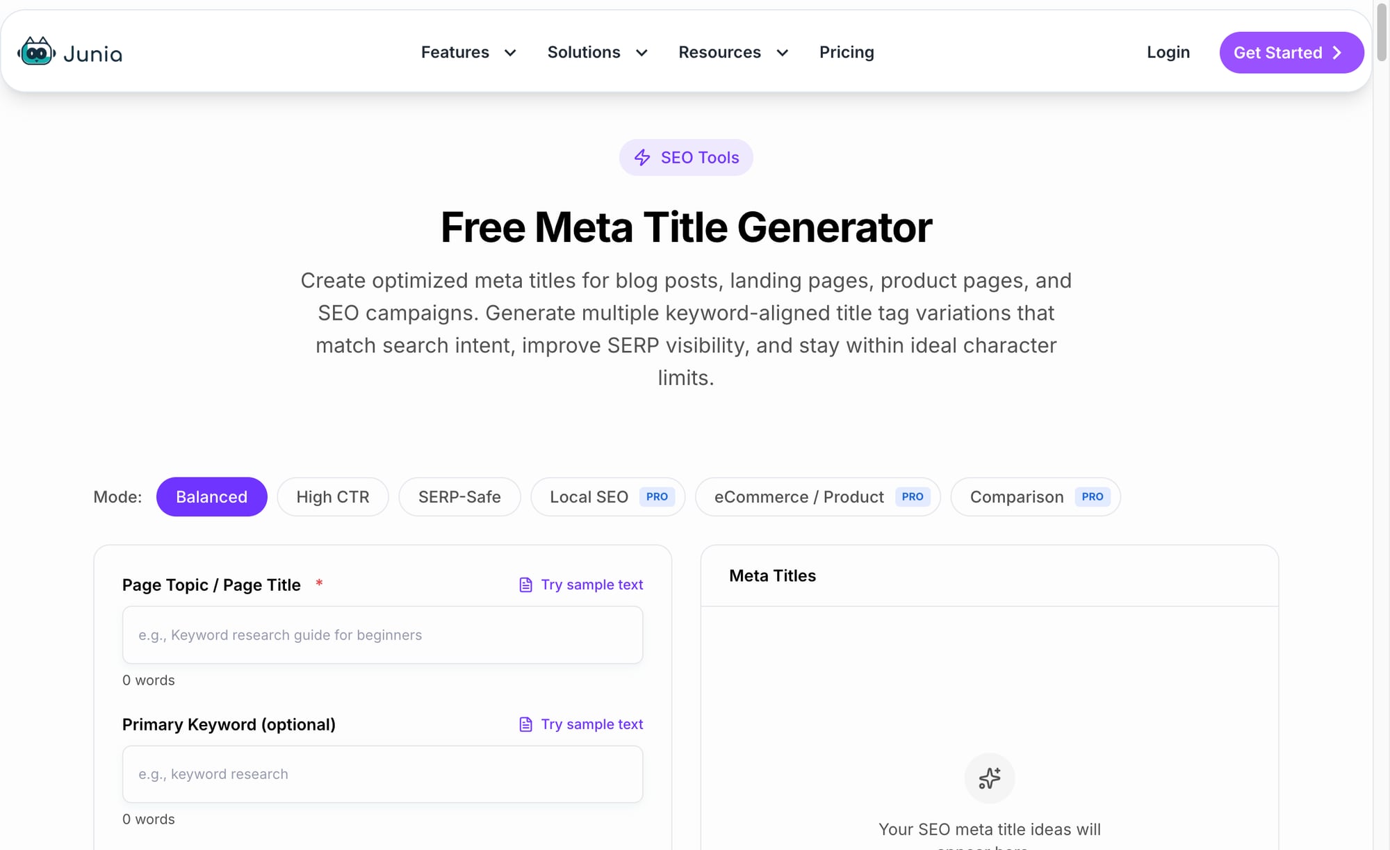 Junia meta title generator interface for optimizing landing page title tags.