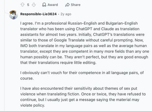 Professional translator discussing ChatGPT translation quality and review limits