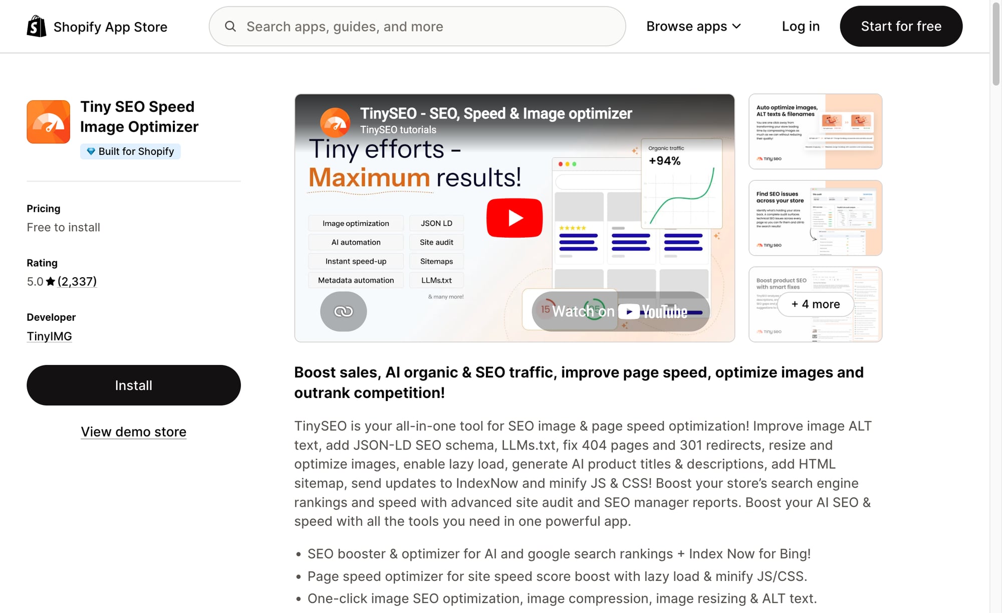 TinySEO Shopify App Store listing showing image optimization, page speed, metadata, and SEO features