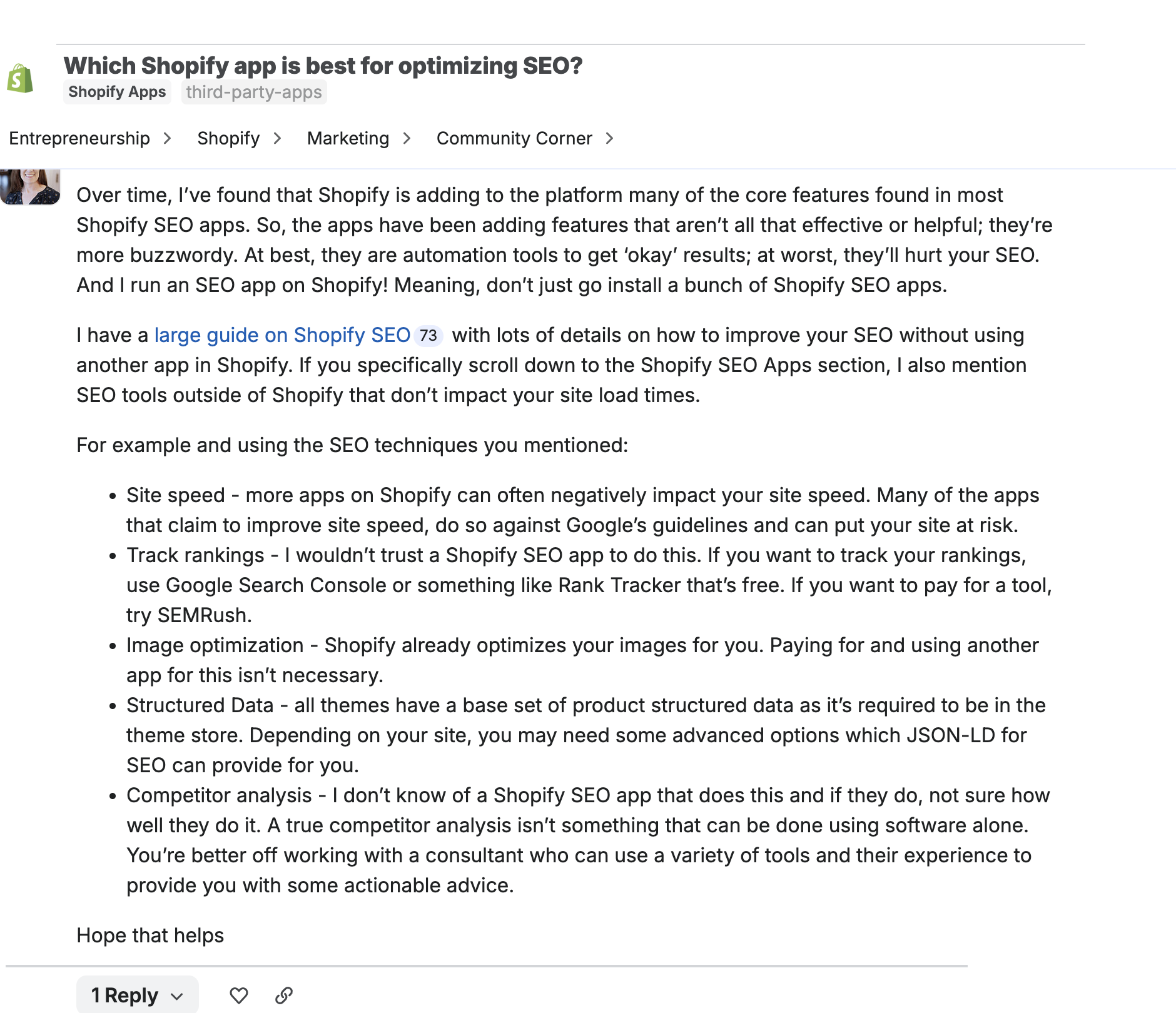 Shopify Community discussion warning merchants not to install too many Shopify SEO apps