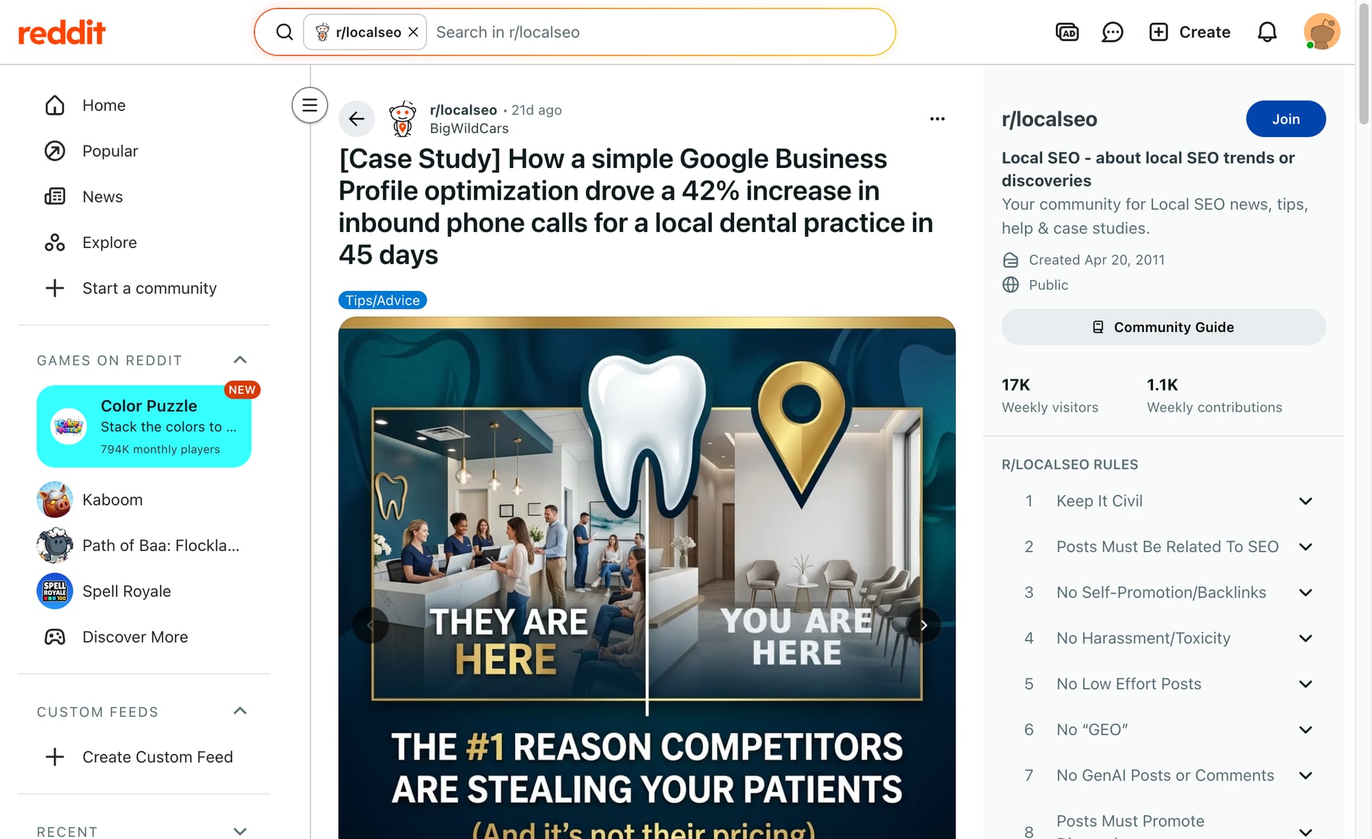 Public local SEO discussion about Google Business Profile optimization for a dental practice