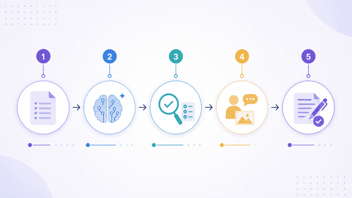 A five-stage AI-assisted writing quality-control workflow from brief to final editorial review.