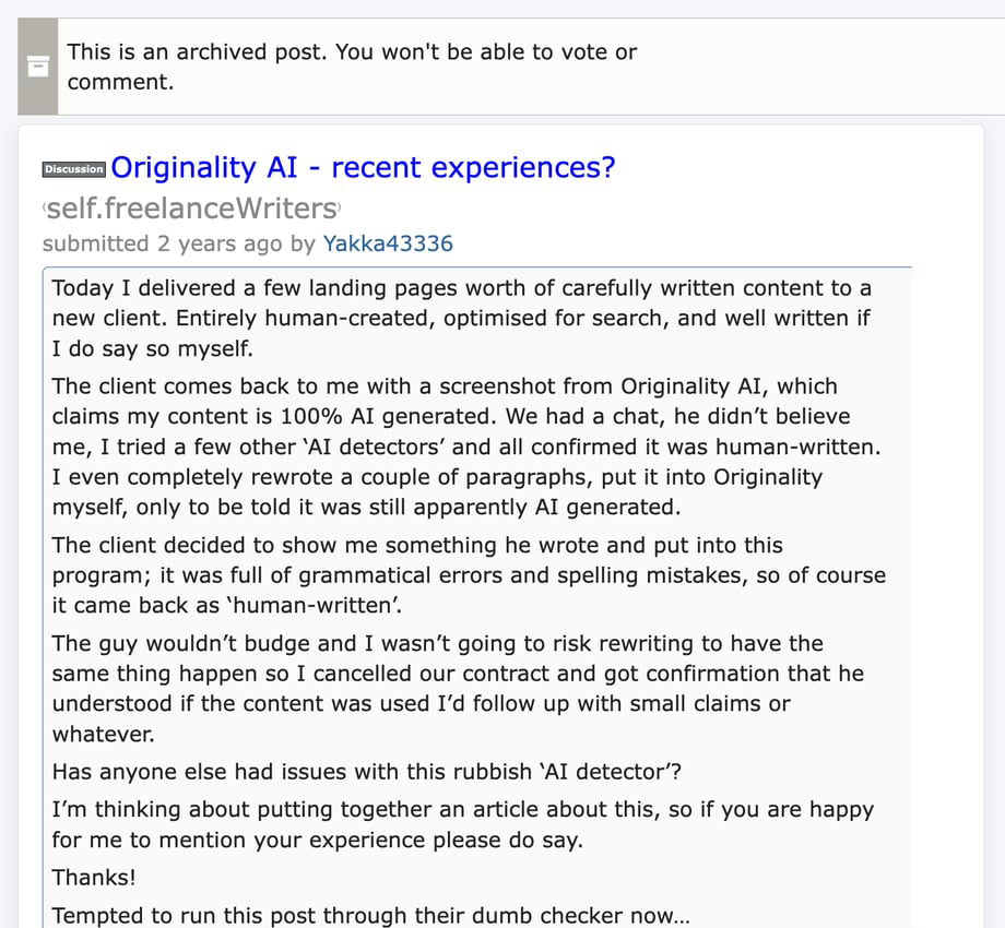 Screenshot of a freelance writing discussion where human-written client content was flagged as AI-generated by a detector.