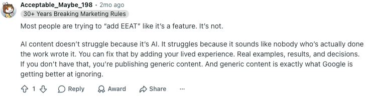 Screenshot of an online discussion about adding lived experience and real examples to AI content for E-E-A-T