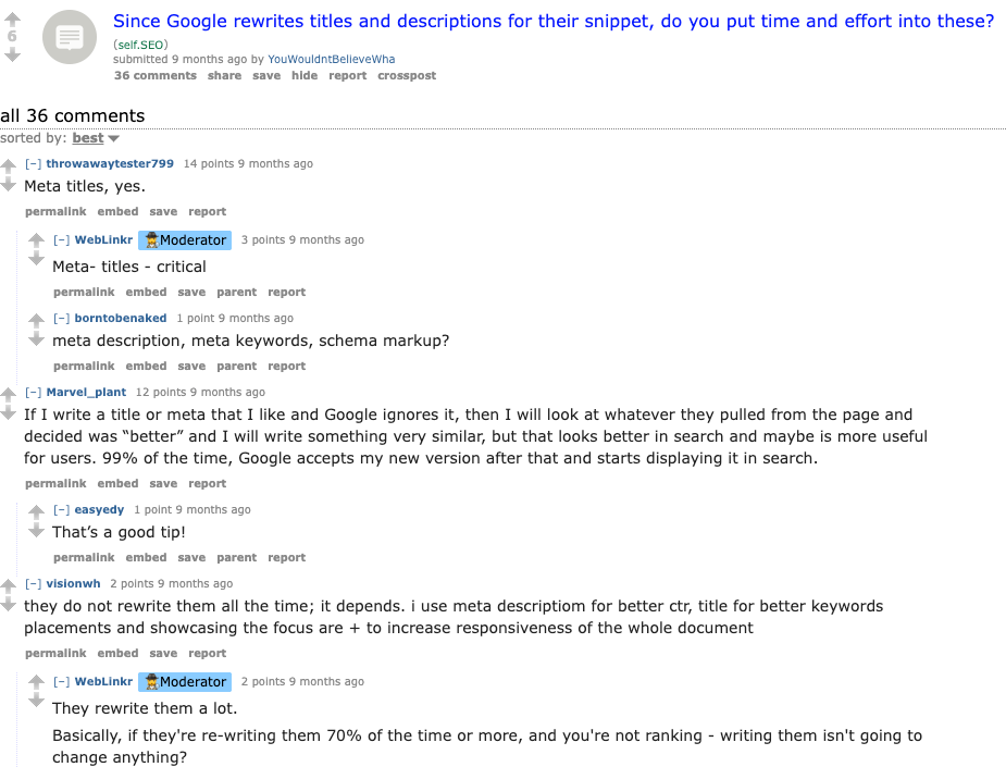 SEO discussion about whether title tags still matter when Google rewrites search snippets
