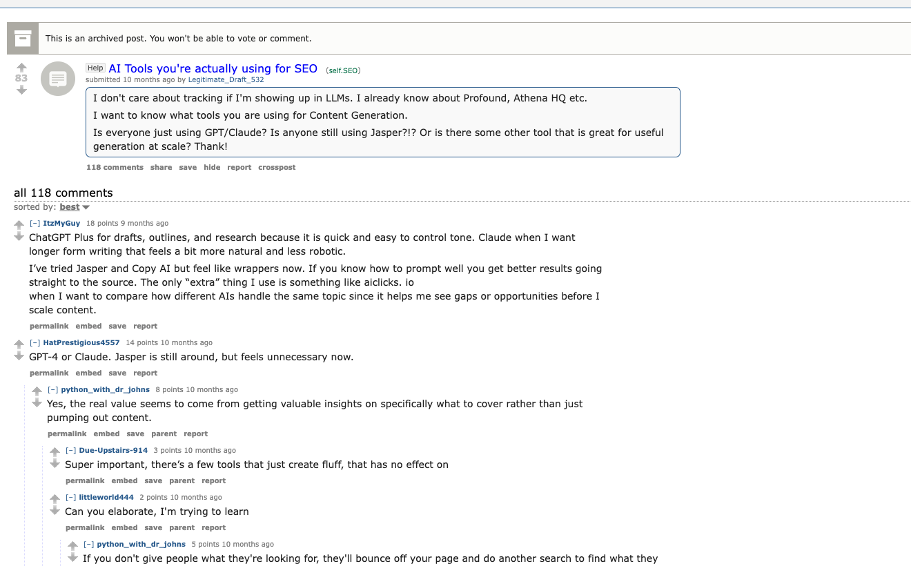 SEO practitioners comparing AI tools for content generation and cleanup effort