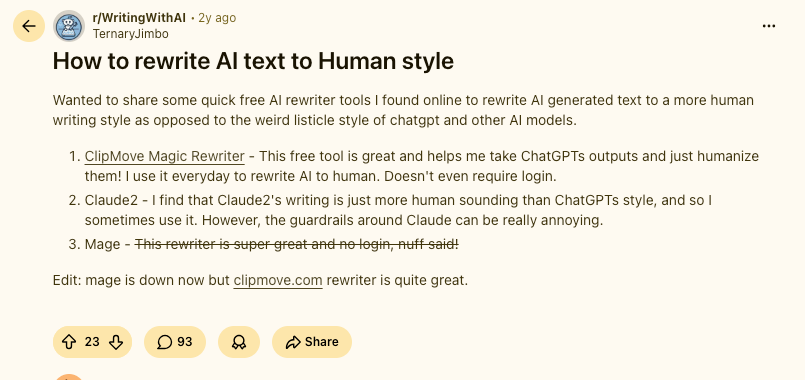 Screenshot of a public discussion about rewriting AI-generated text into a more human writing style
