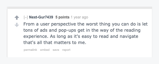 Blogging discussion emphasizing readability, navigation, and content quality over intrusive ads and pop-ups