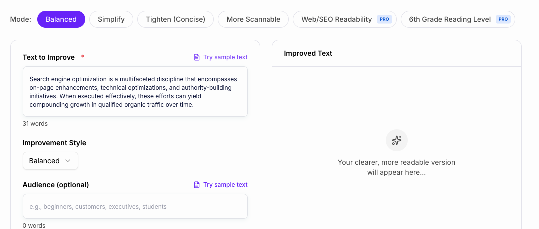Junia readability improver interface showing blog copy pasted into a clarity editing workflow