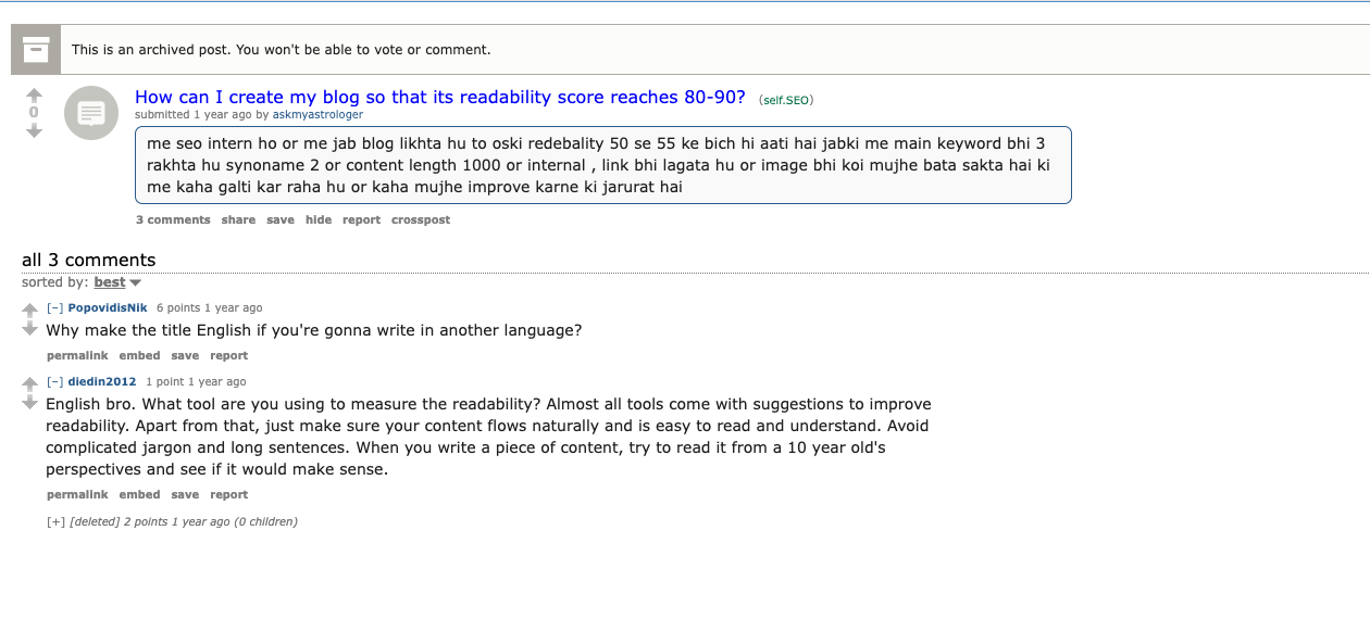 Public SEO discussion about improving a blog readability score with advice to focus on natural flow, plain wording, and shorter sentences