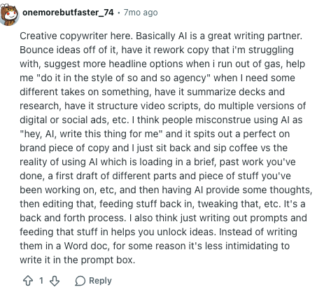Screenshot of a copywriter describing AI as a back-and-forth writing partner for briefs, drafts, and edits