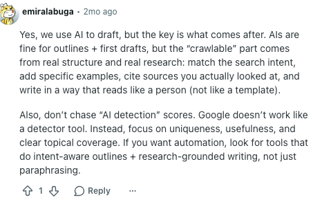 Comment about using AI for blog post outlines and drafts while adding search intent, examples, sources, and human editing