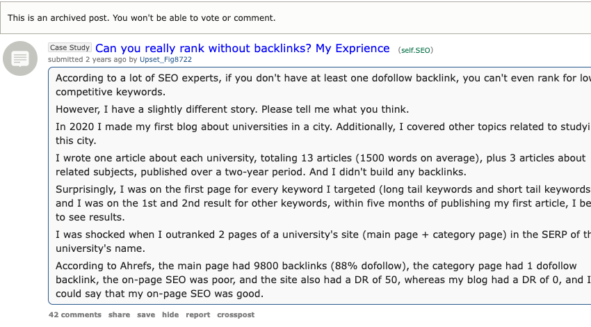 Screenshot of a public SEO discussion describing a low-authority site ranking with no manual backlinks through focused articles and stronger on-page SEO