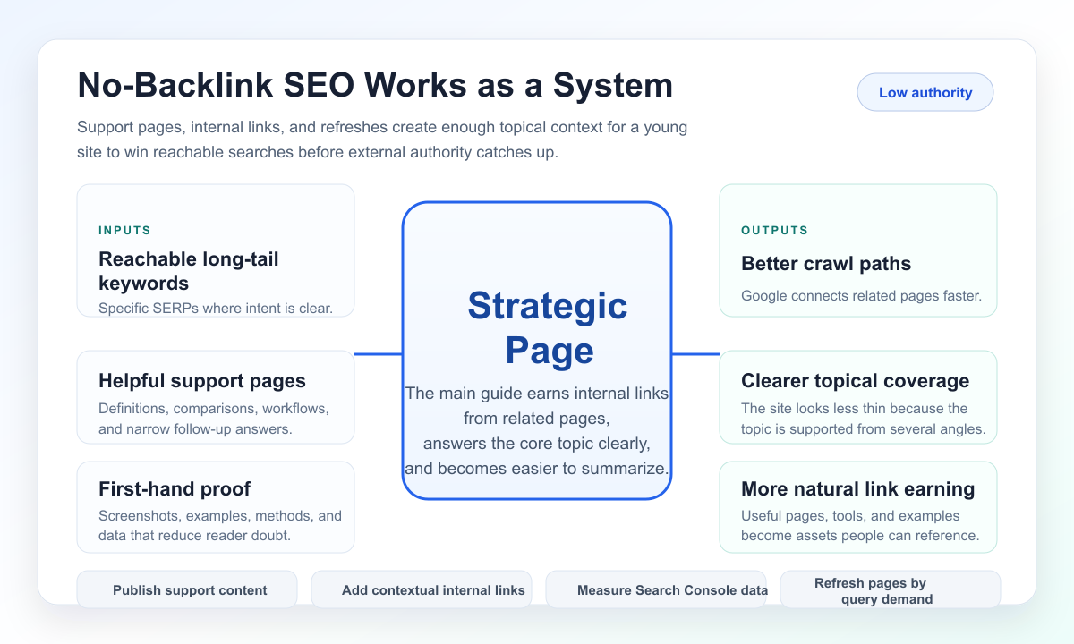A no-backlink SEO support cluster diagram showing how long-tail pages, internal links, proof, and refreshes support a strategic page