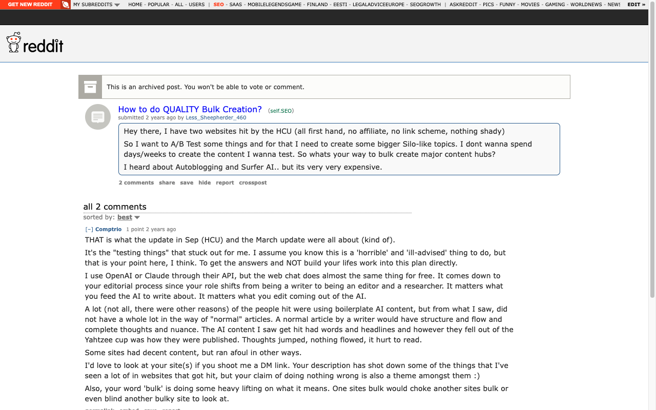 SEO discussion showing why bulk AI content still needs editorial research, review, and page-specific quality control