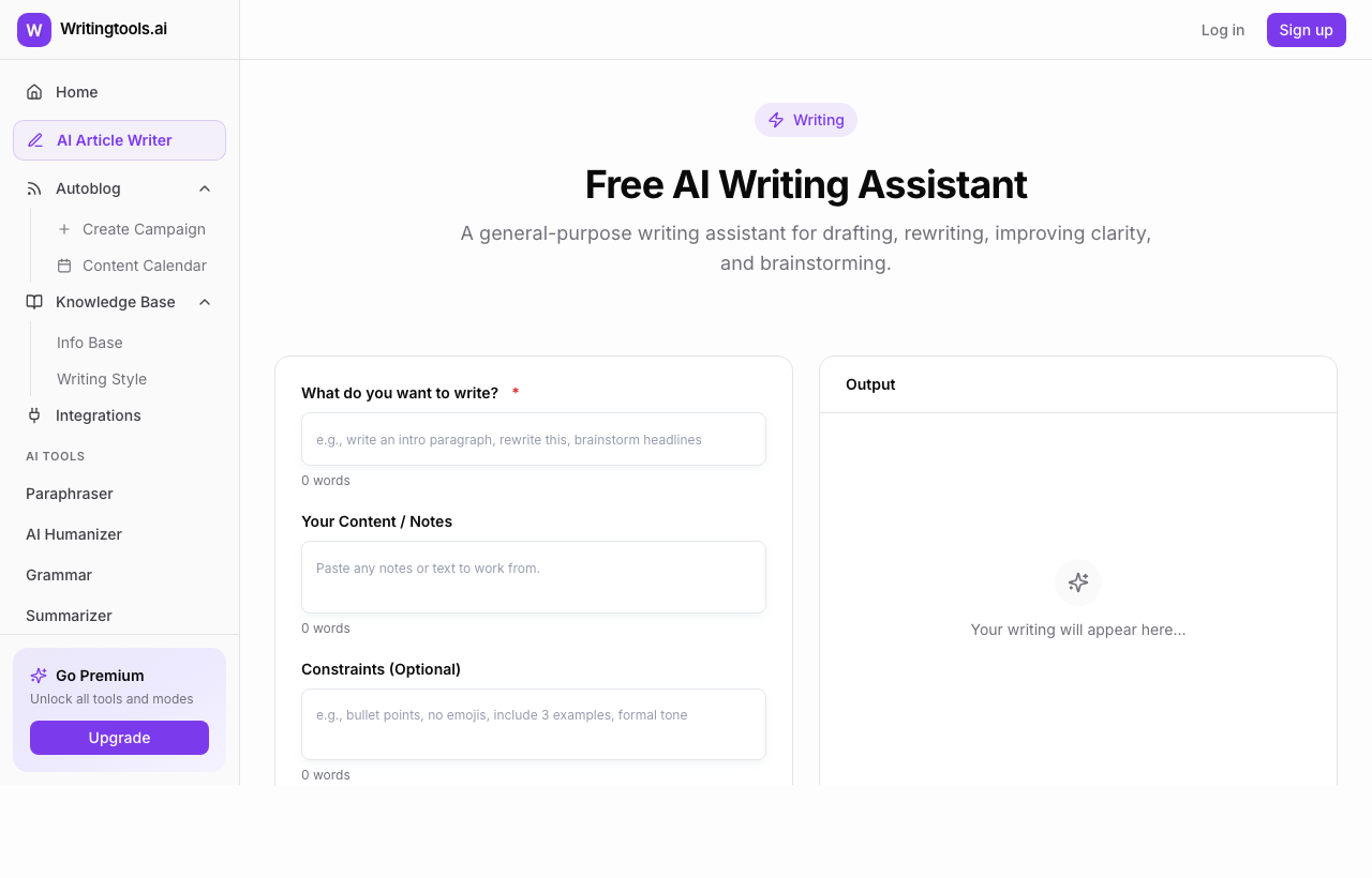 WritingTools.ai AI Writing Assistant interface for drafting, rewriting, improving clarity, and brainstorming