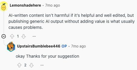 Comment about AI-written content needing helpful editing and added value before publishing